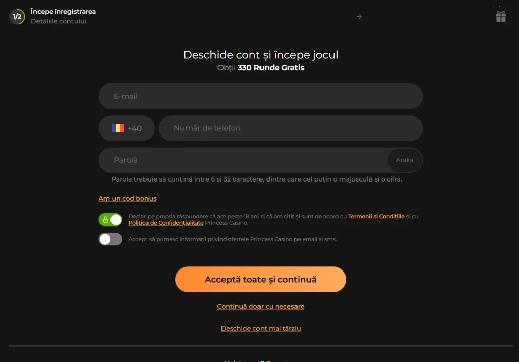 Formular de Înregistrare pentru Princess Casino Online